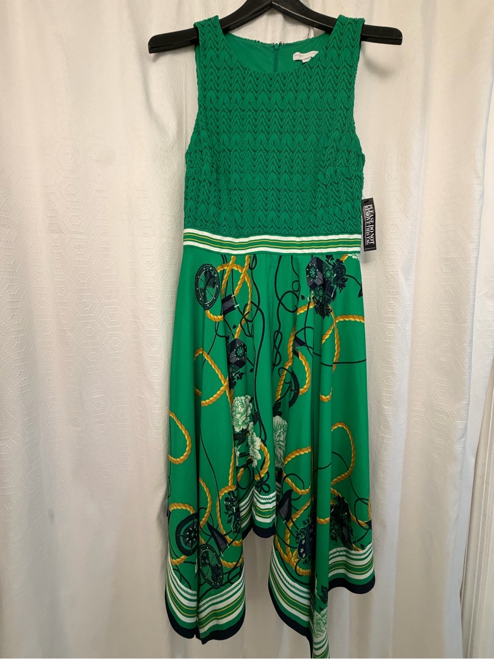 New York & Company Green Patterned Knit Bodice Handkerchief Hem Dress